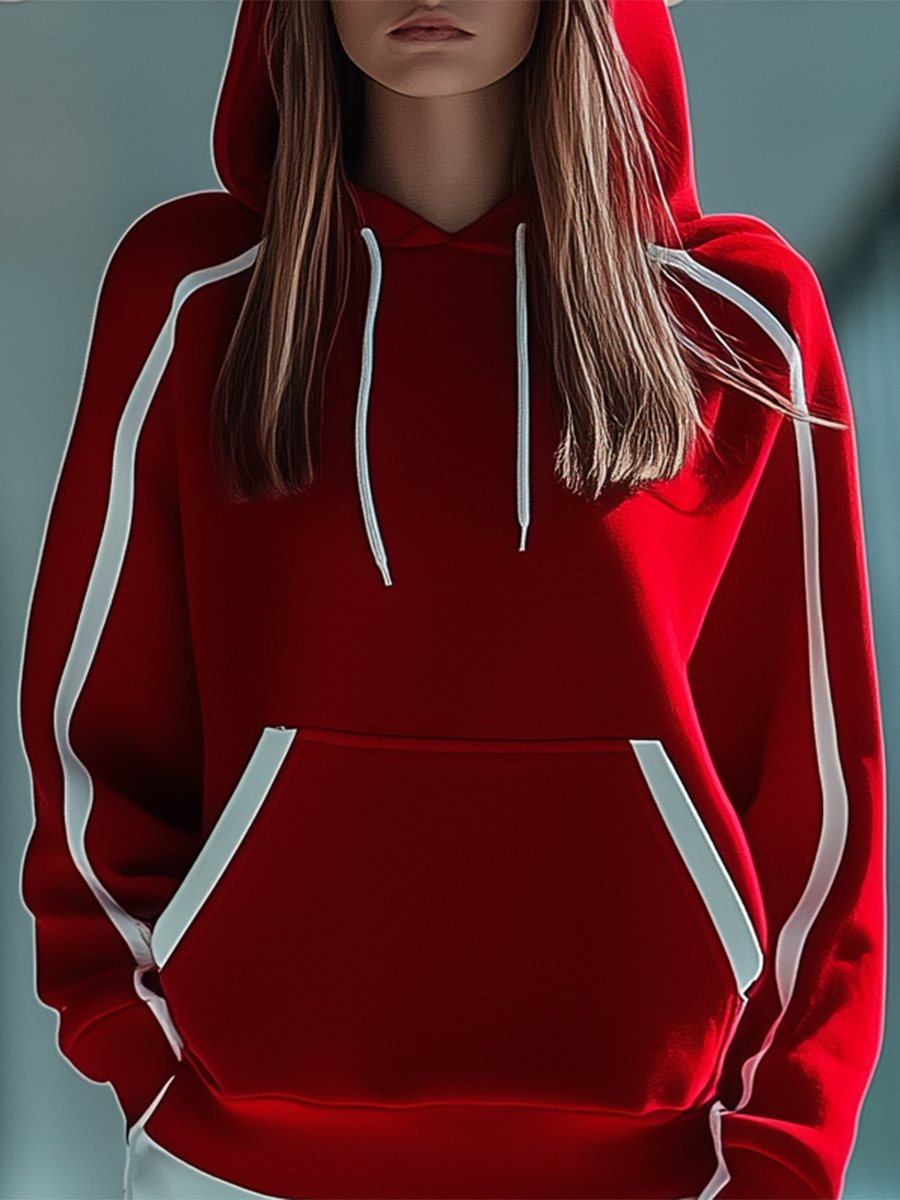 Sporty Fashion Red and White Colorblock Long Sleeve Hooded Mini Dress