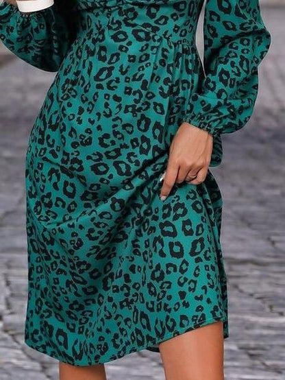 Elegant V-Neck Satin Leopard Print Long Sleeve Mini Dress