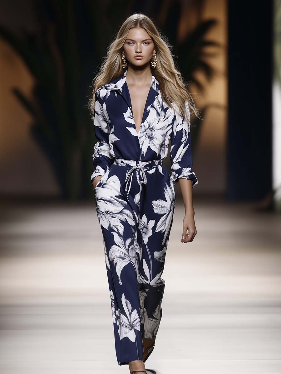 Navy Blue Casual V-neck Floral Print Waist Drawstring Jumpsuit