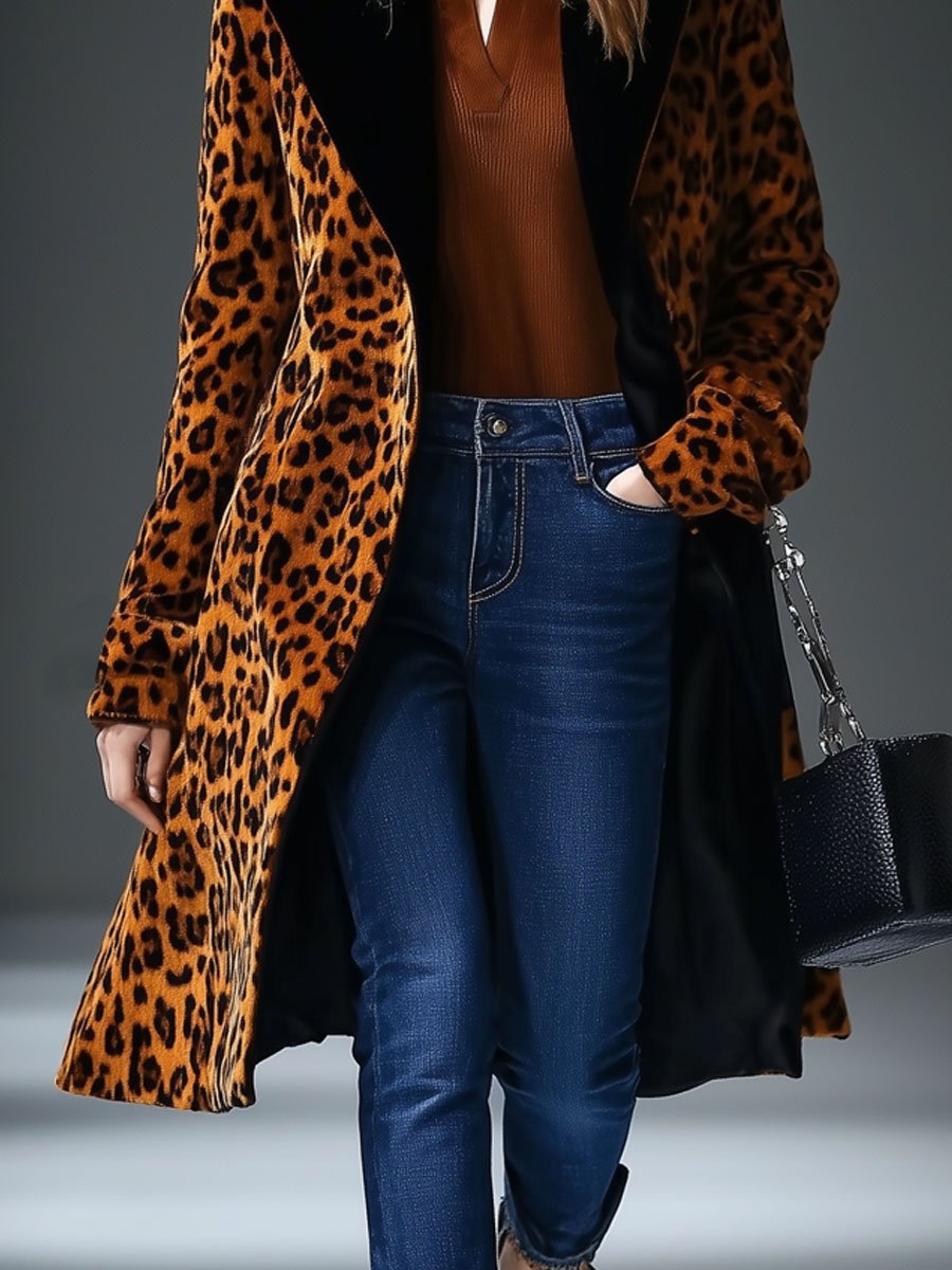 Casual Loose Vintage Velvet Leopard Print Hooded Mid-Length Coat