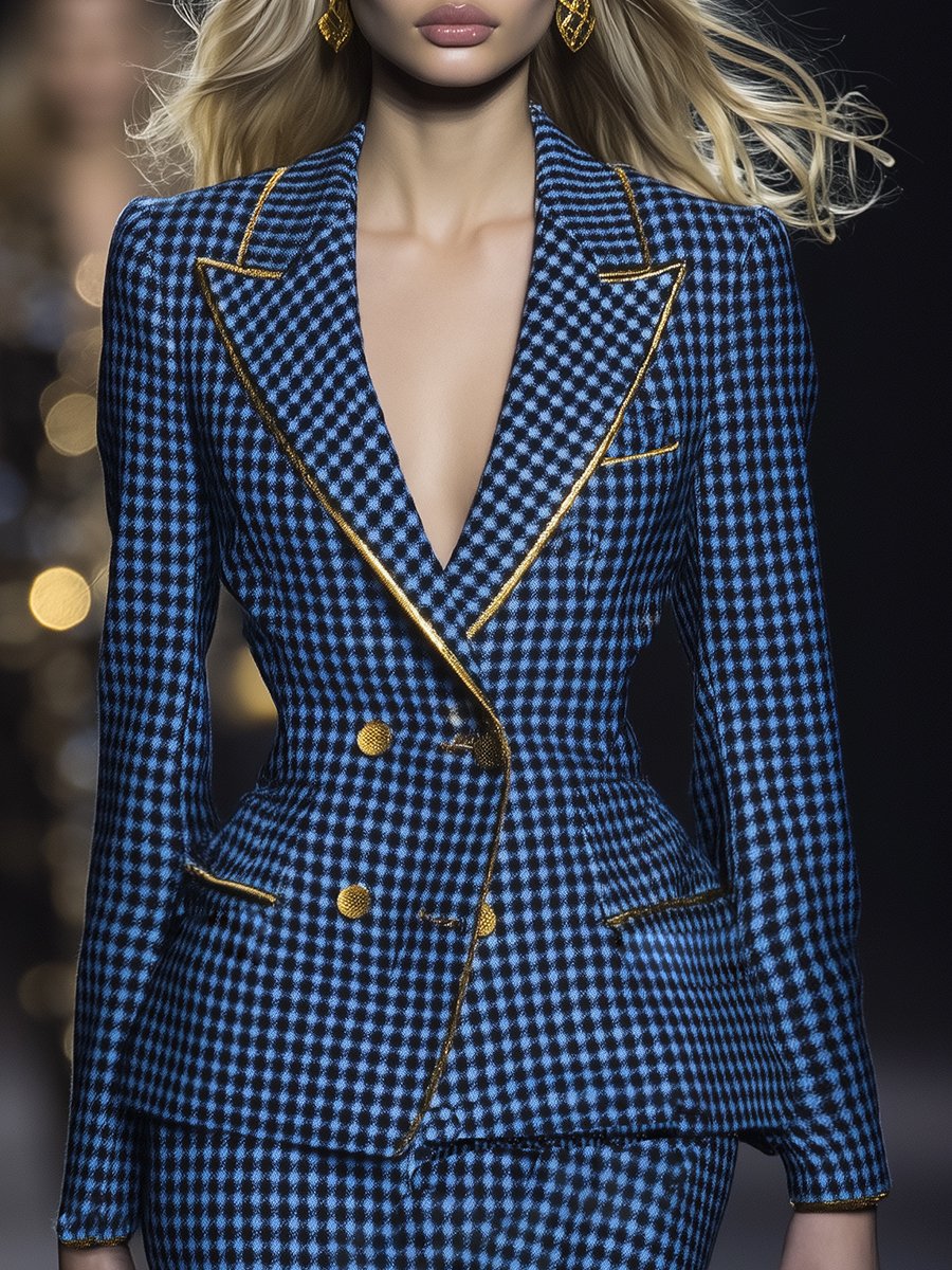 Retro Fashion Hemming Slim Fit Houndstooth Blazer