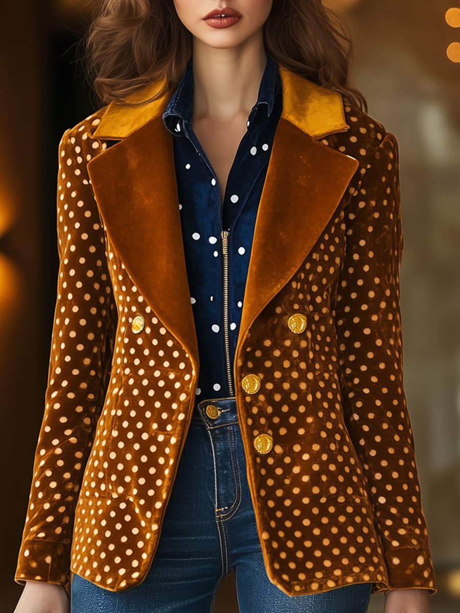 Casual Loose Retro Velvet Polka Dot Print Colorblock Lapel Blazer