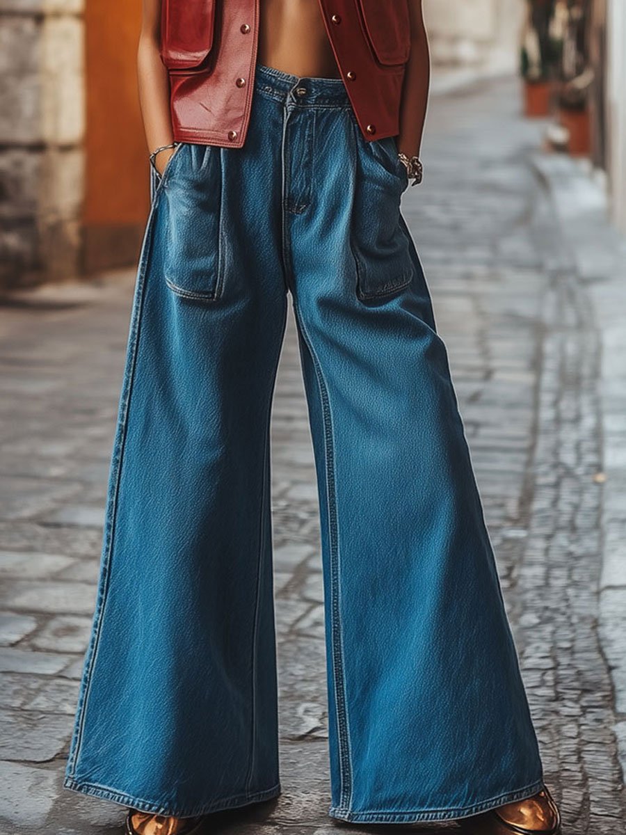 Casual Simple Retro Pocket High Waist Wide Leg Jeans