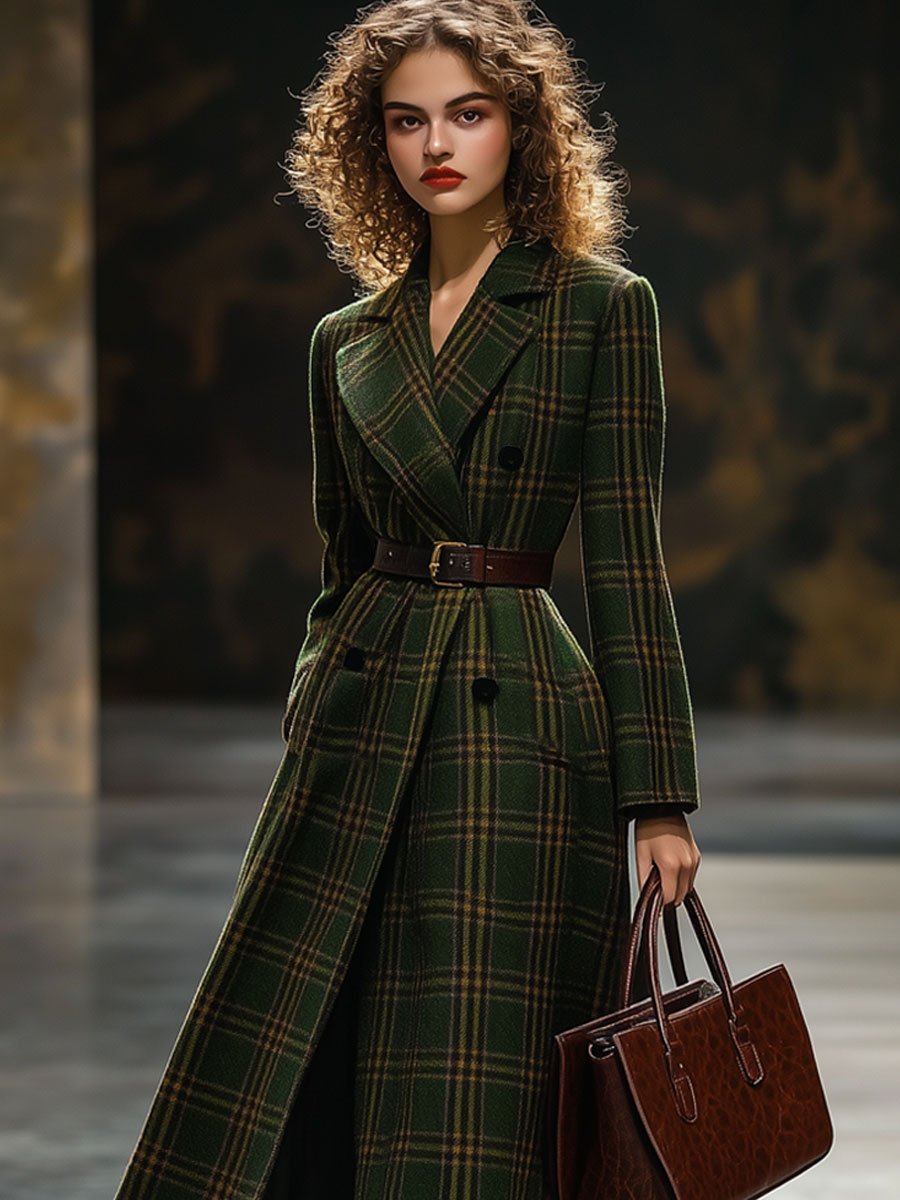 Casual Loose Retro Wool Plaid Double Breasted Lapel Pocket Coat