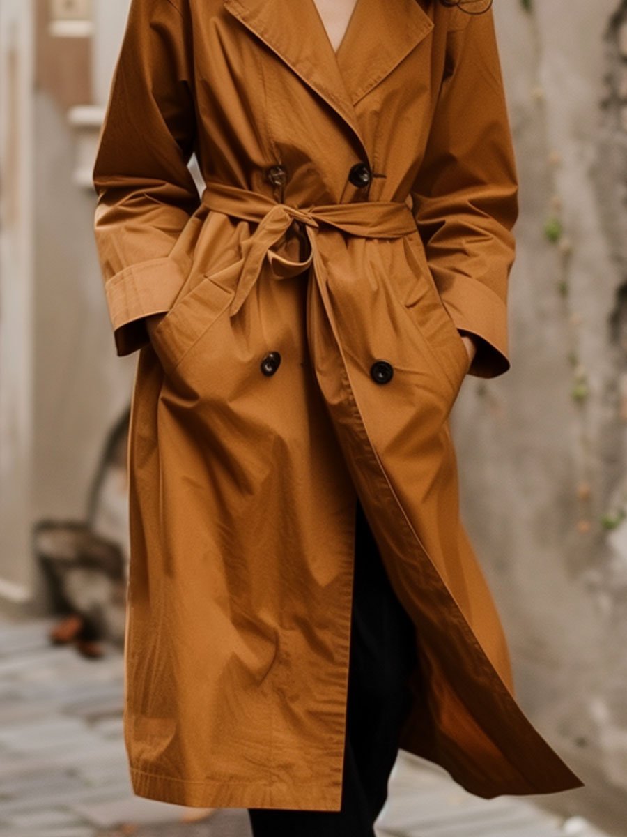 Casual Loose Vintage Double-Breasted Waist Cotton Trench Coat