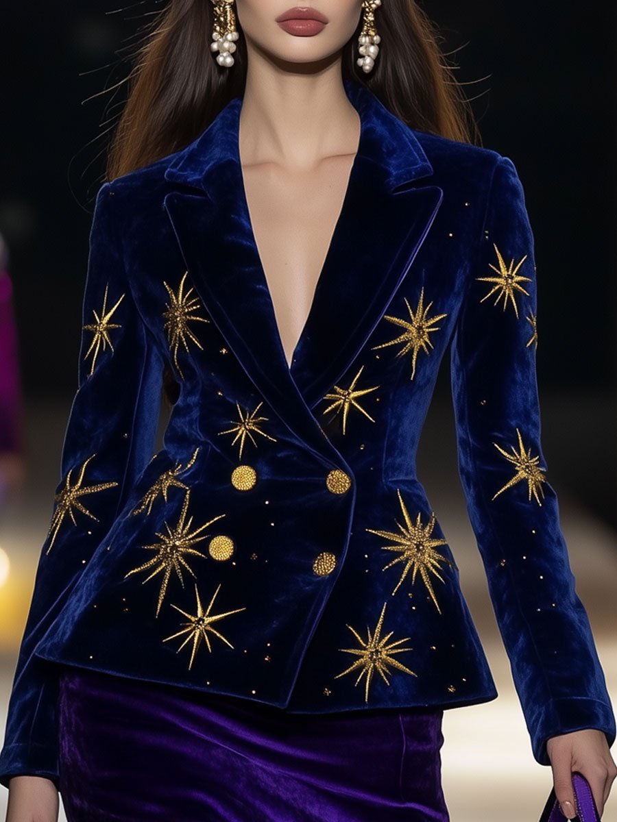 Casual Loose Retro Velvet Gold Star Print Double-Breasted Blazer