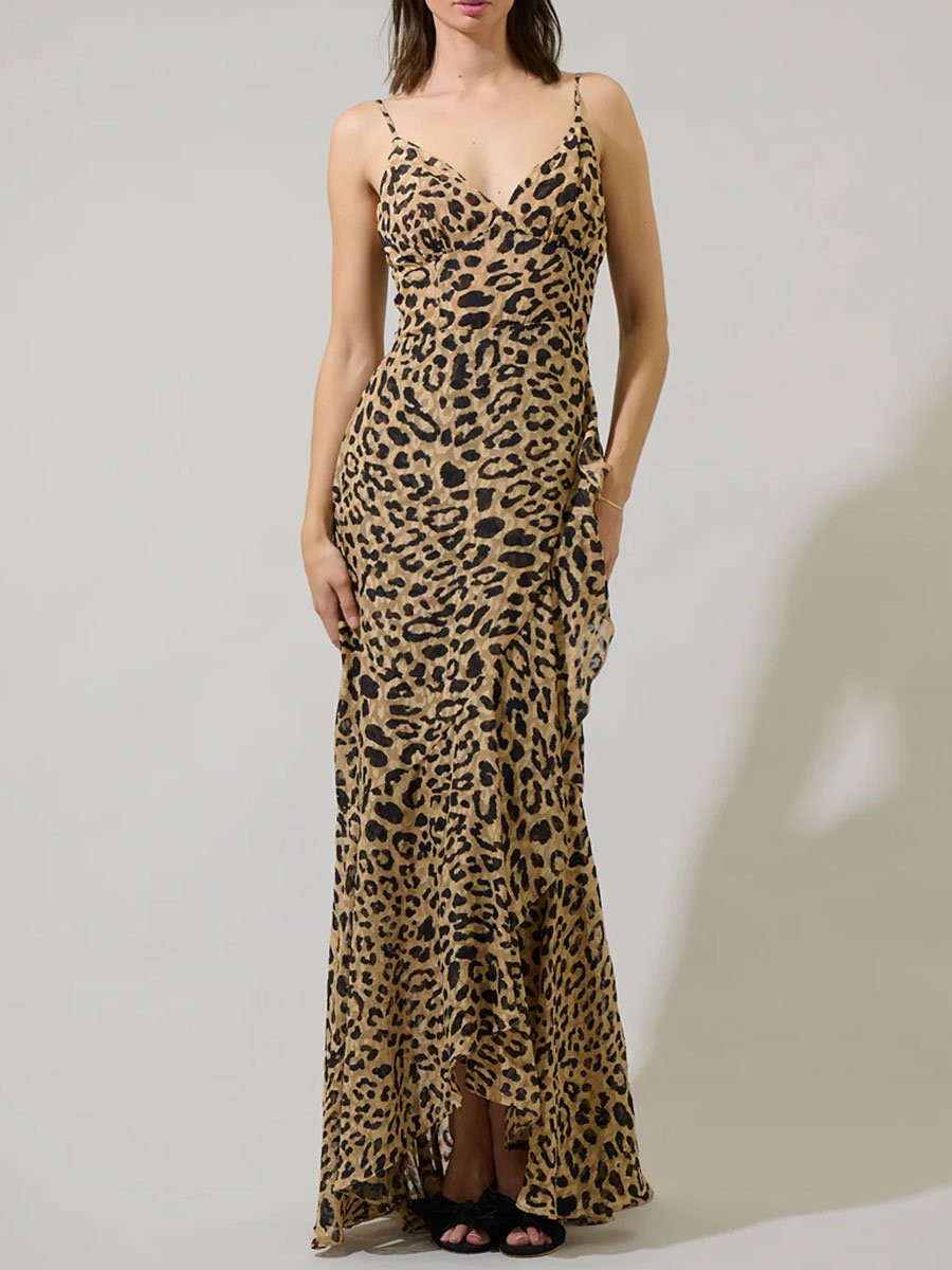 Fashion Party Leopard Print Chiffon V Neck Sleeveless Ruffle Maxi Dress