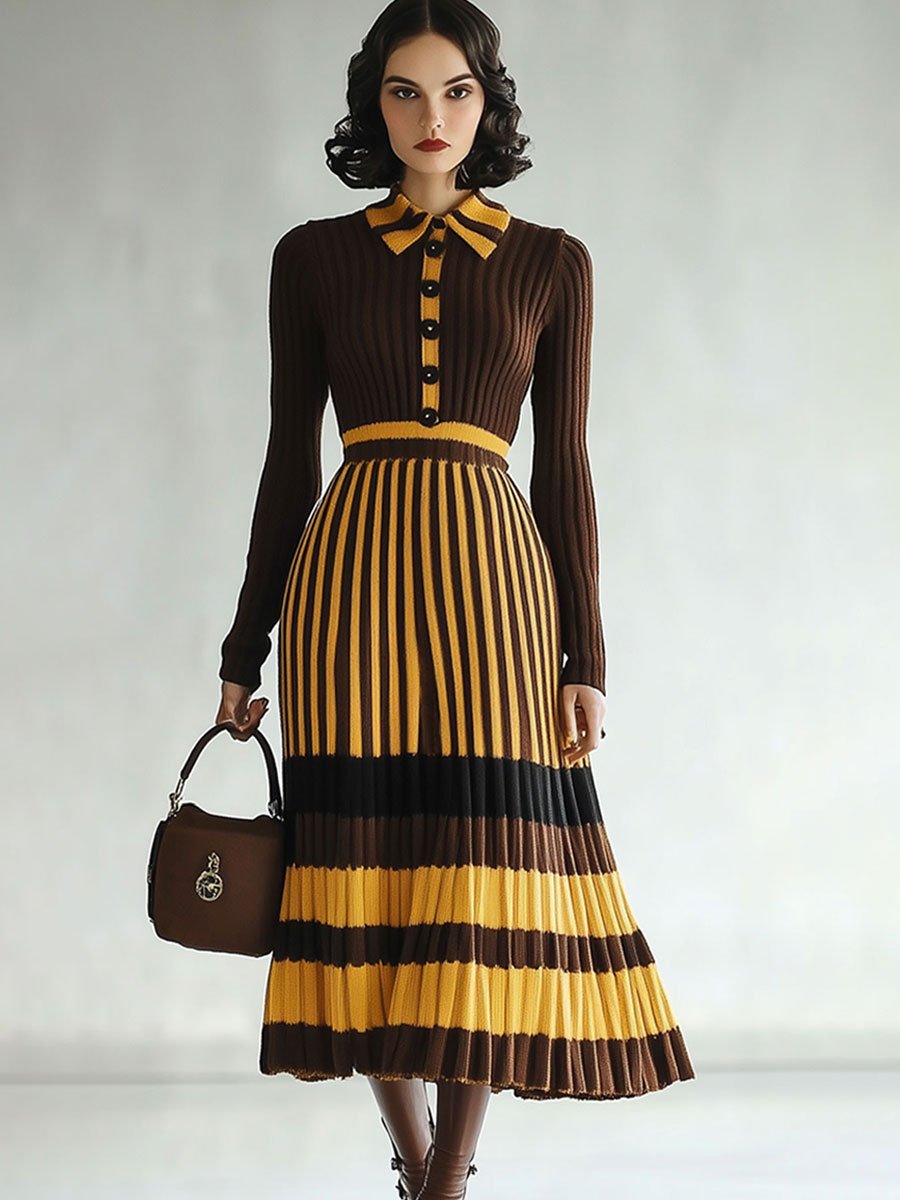 Fashion Loose Retro Striped Colorblock Knitted Long Sleeve Midi Dress