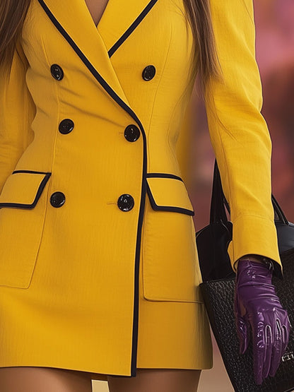 Casual Vintage Black Trim Yellow Cotton Blazer Mini Dress