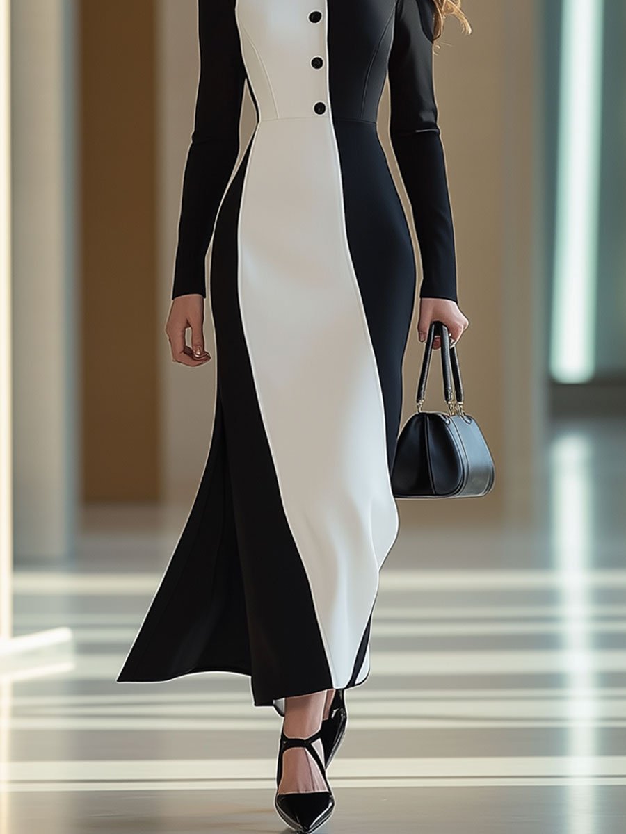 Fashion Retro Black And White Stand Collar Button Long Sleeve Maxi Dress