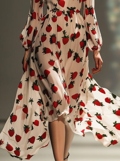 Romantic Strawberry Printed Chiffon V-neck Long Sleeve Midi Dress