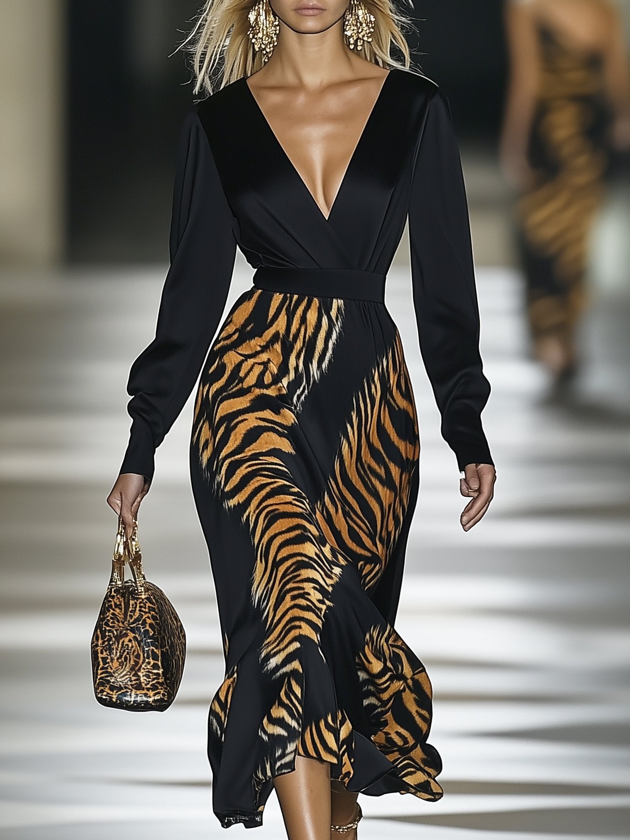 Luxurious Satin Tiger Print V-Neck Black Long Sleeve Maxi Dress