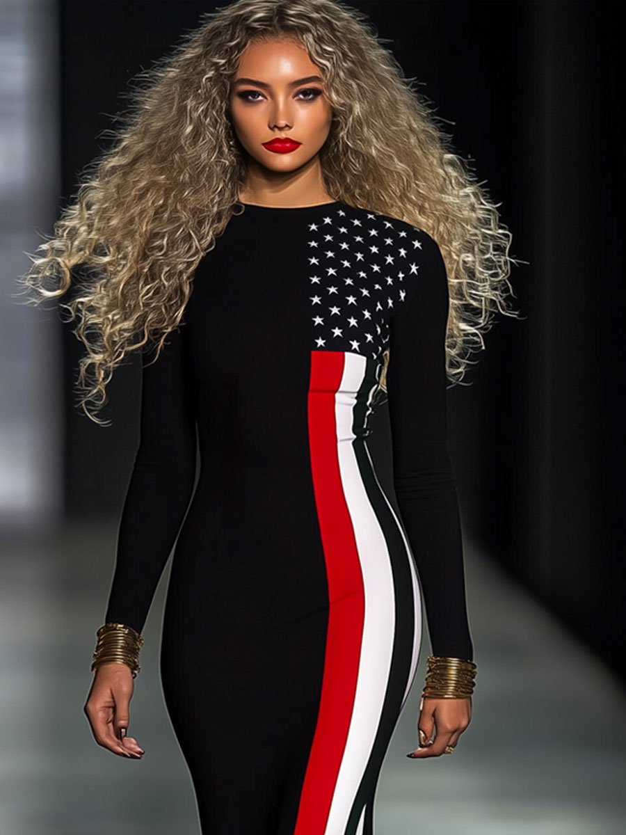 Fashion Resort Round Neck Flag Print Long Sleeve Slit Maxi Dress