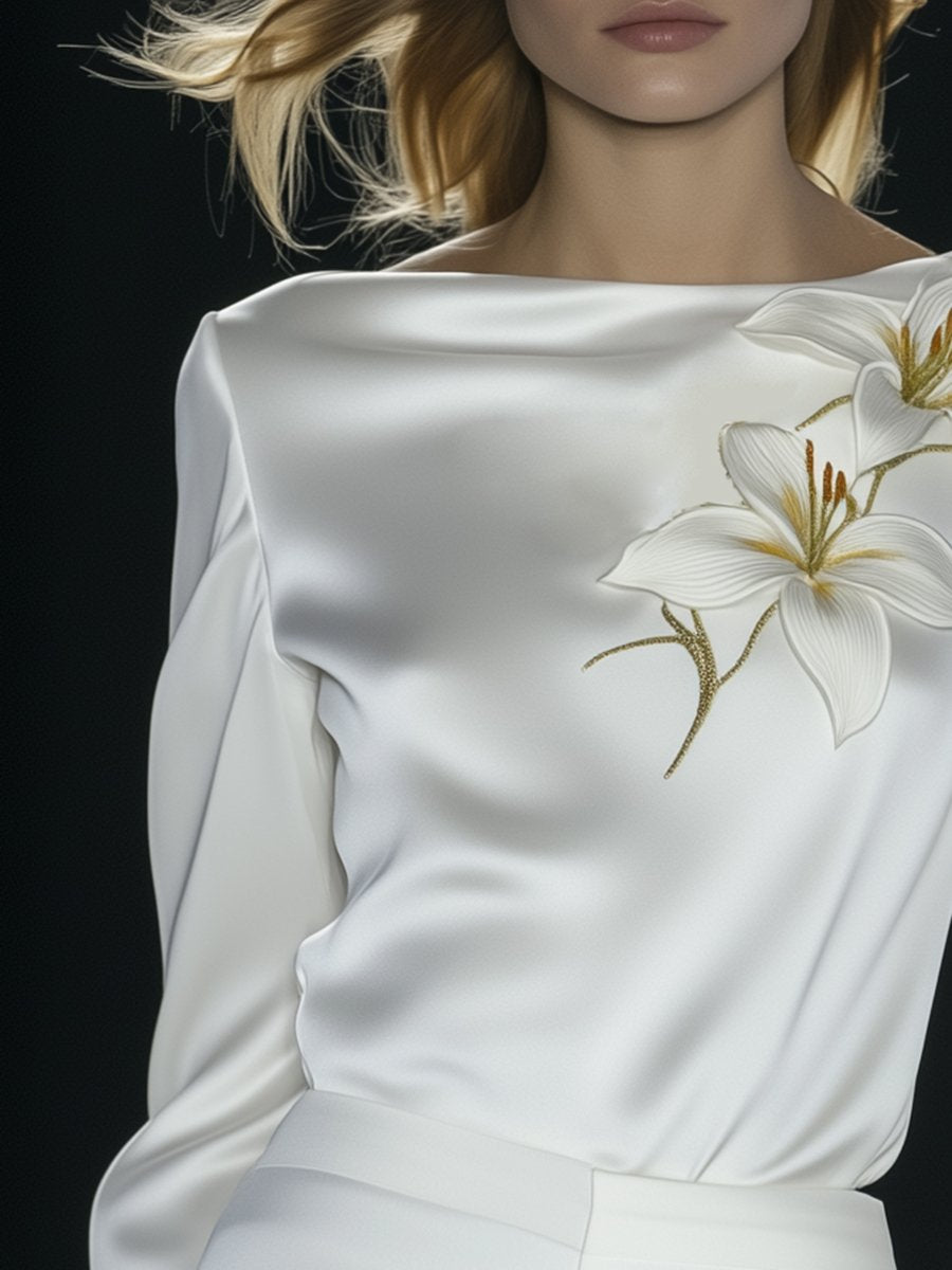 Elegant High-end Boat Neck White Embroidered Satin Top Blouse