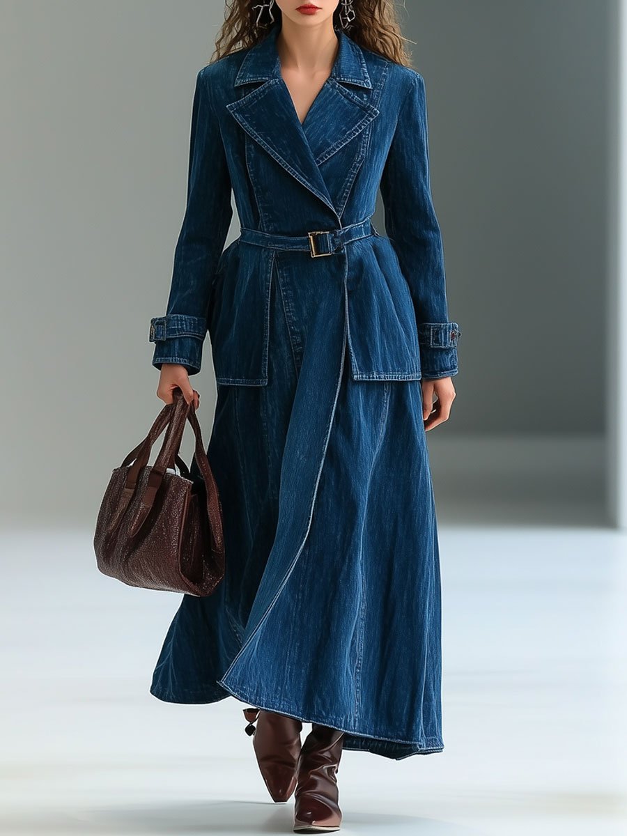 Casual Loose Retro Lapel Lace-Up Denim Trench Coat