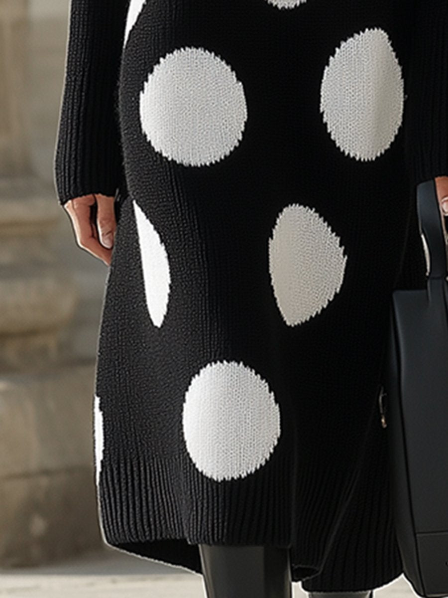 Retro High-End Fashionable Loose Polka Dot Round Neck Knitted Dress