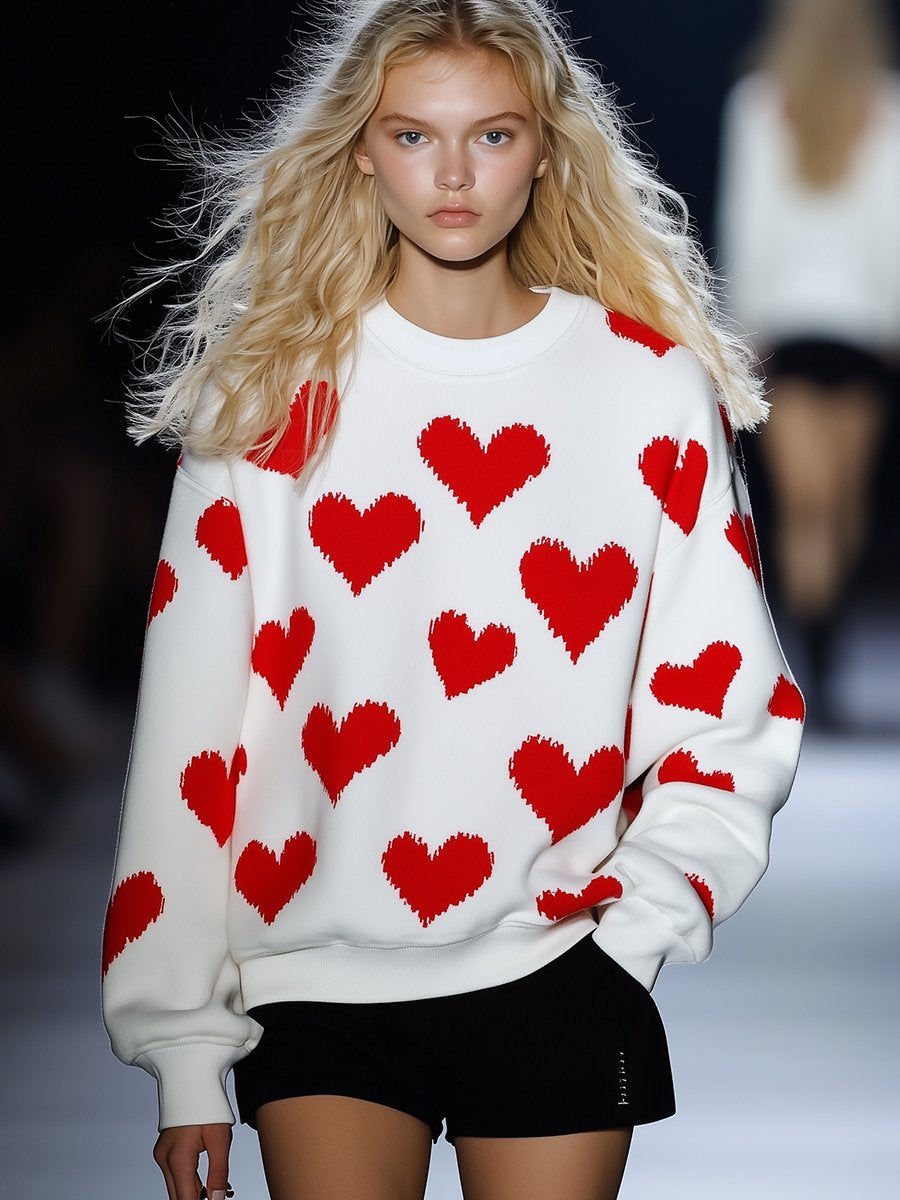 Casual Loose Fashion Love Heart White Sweatshirt