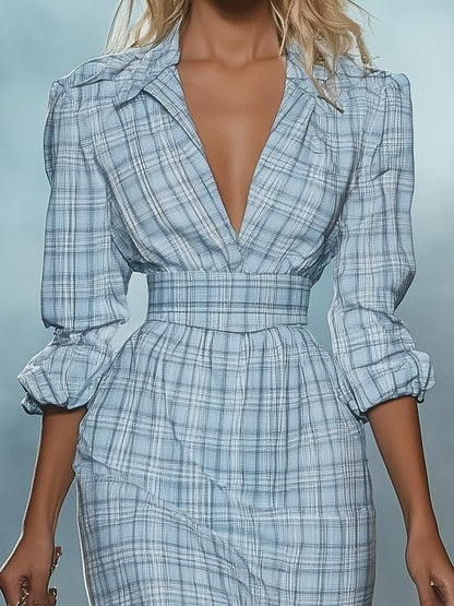 Elegant Light Blue Lapel Plaid Long Sleeve Maxi Dress