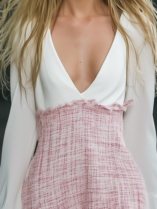 Elegant Pink Tweed Long Sleeve Midi Dress