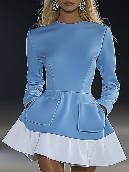 Elegant Round Neck Light Blue A-line Side Pocket Mini Dress