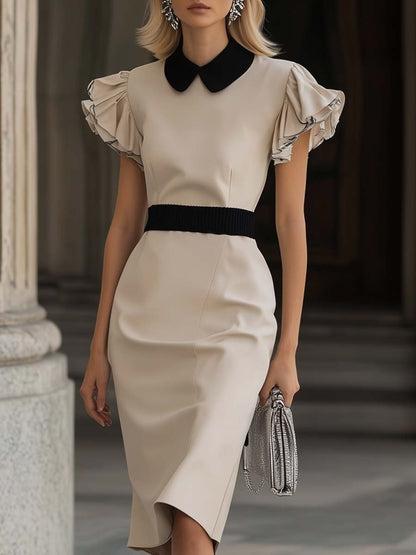 Elegant Lapel Ruffled Short Sleeves Off-white Pencil Midi Dress