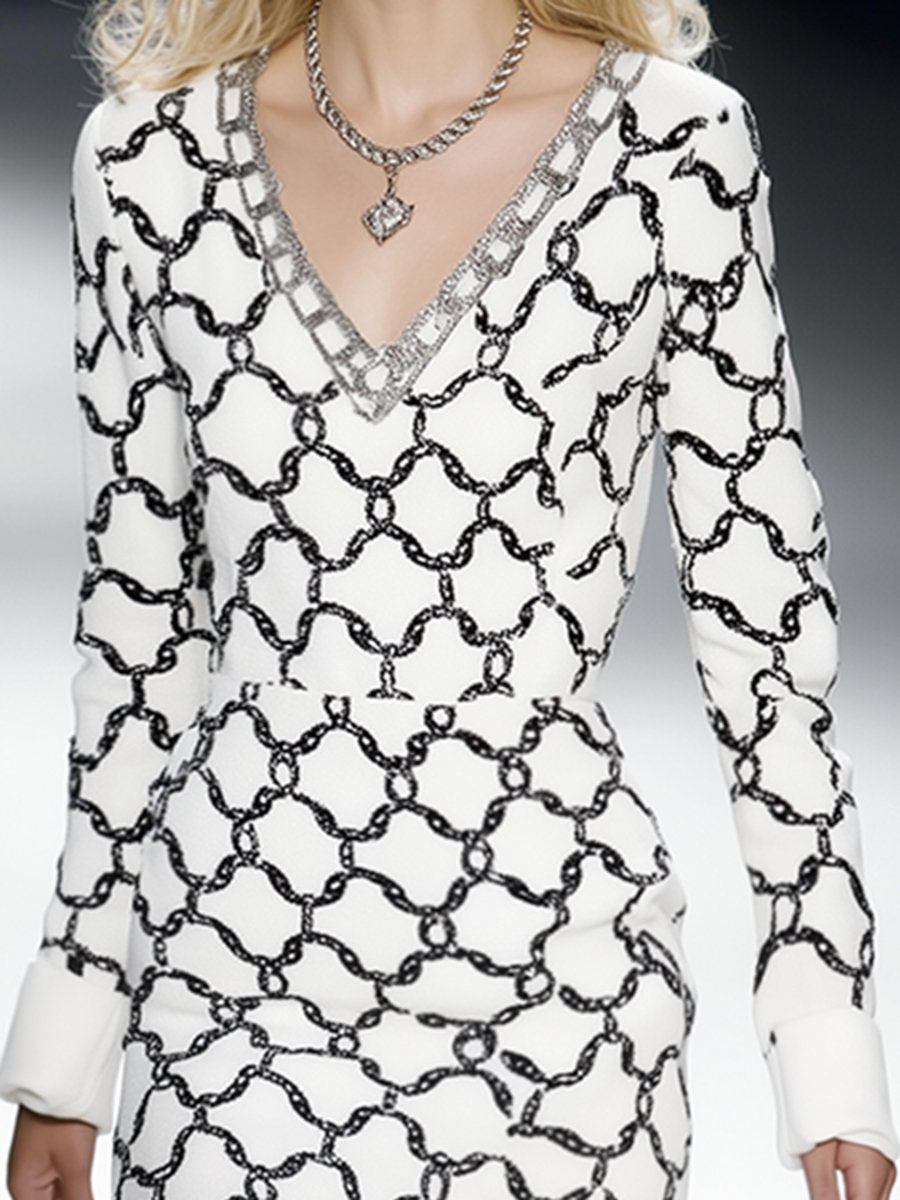 High-end Elegant Fashionable Chain Printed White Midi Dress