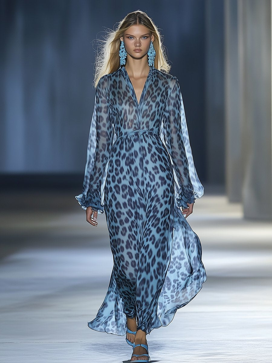 Wild Gentle And Fashionable Blue Leopard Chiffon Maxi Dress