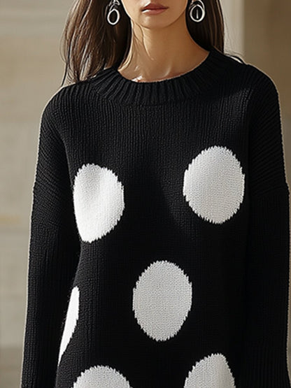 Retro High-End Fashionable Loose Polka Dot Round Neck Knitted Dress