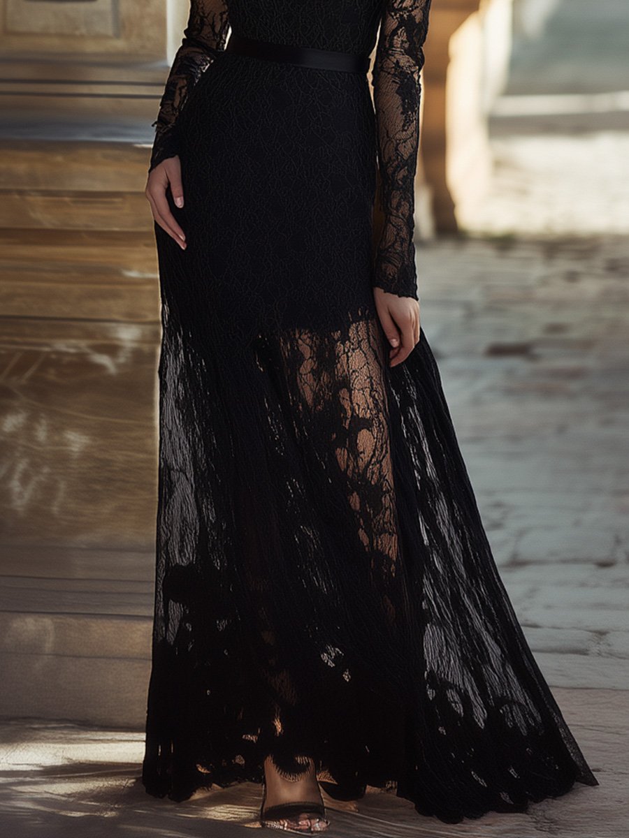 Elegant Unique Evening Dress High Collar Black Lace Maxi Dress