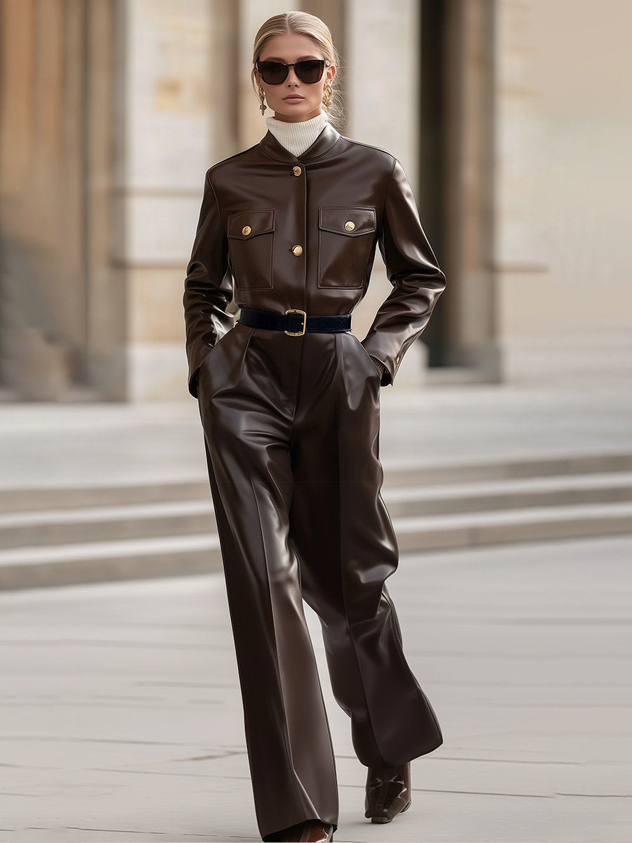 Retro And Fashionable Temperament Round Neck Button Brown Leather Jumpsuit