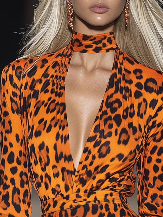 Trendy Orange Leopard Print Long Sleeve Mini Dress