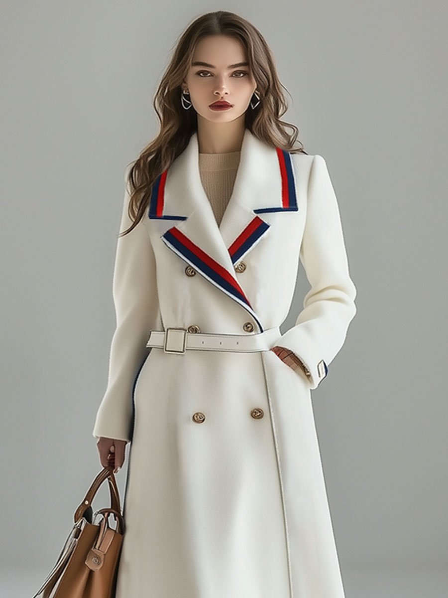 Casual Loose Retro Woolen Red And Blue Striped Lapel Lace-Up Coat