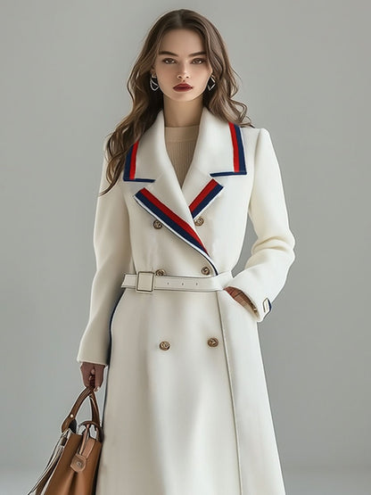 Casual Loose Retro Woolen Red And Blue Striped Lapel Lace-Up Coat