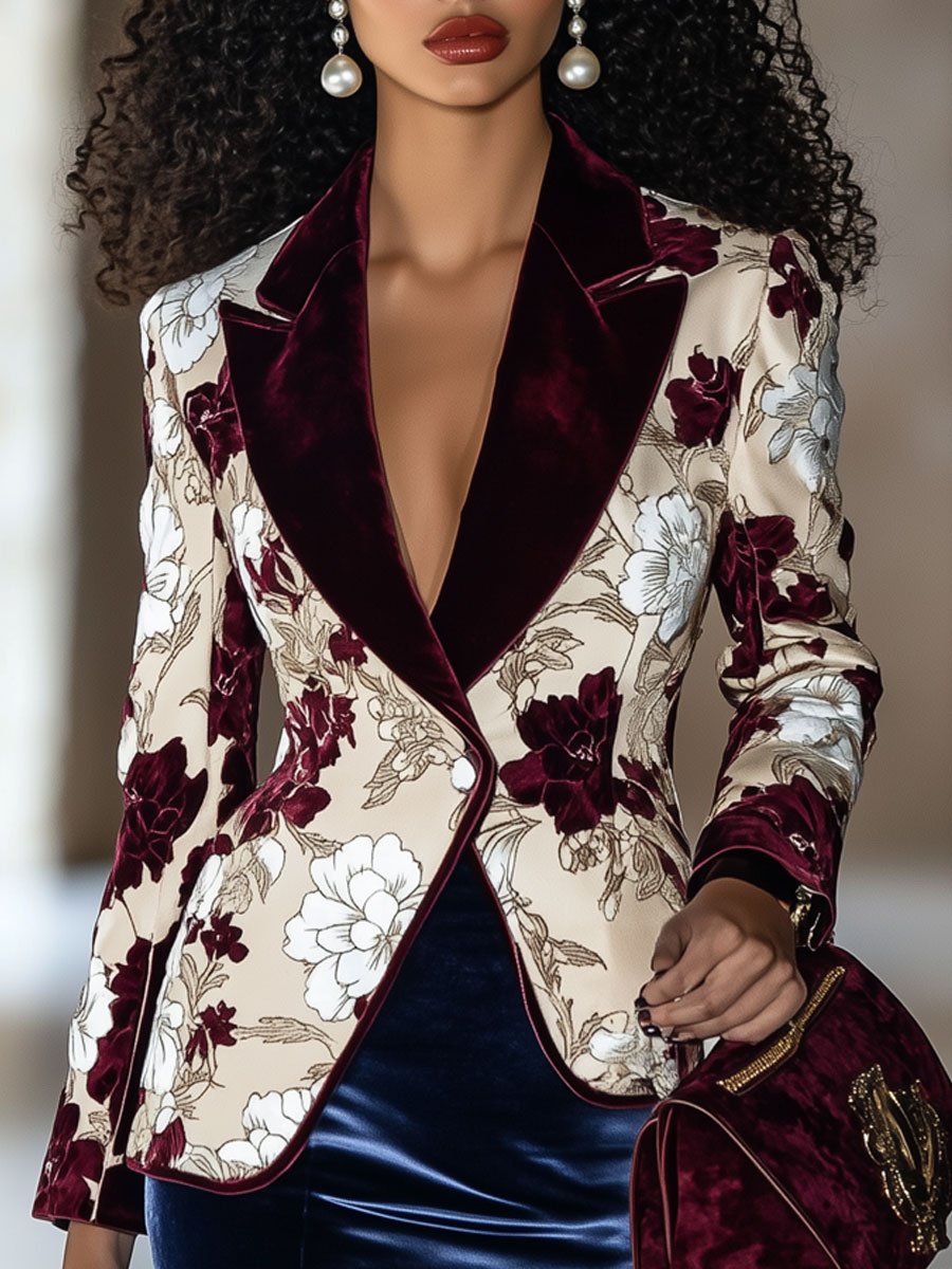 Casual Loose Vintage Velvet Colorblock Peony Print Blazer