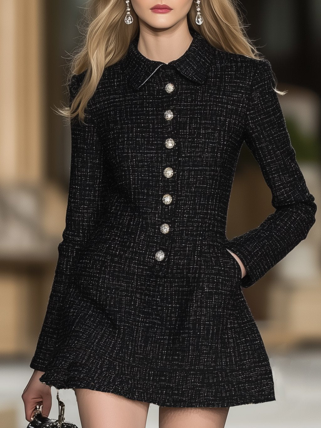 Elegant High-End Lapel Tweed Black Long-Sleeved Mini Dress