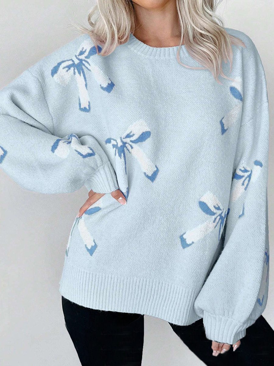 Loose-Fitting Bow Jacquard Pullover Sweater