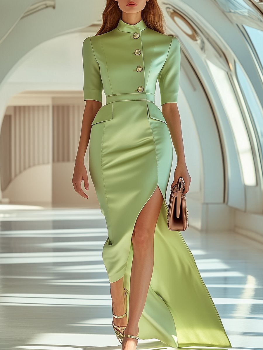 Elegant Half Turtleneck Saga Green Slit Maxi Dress