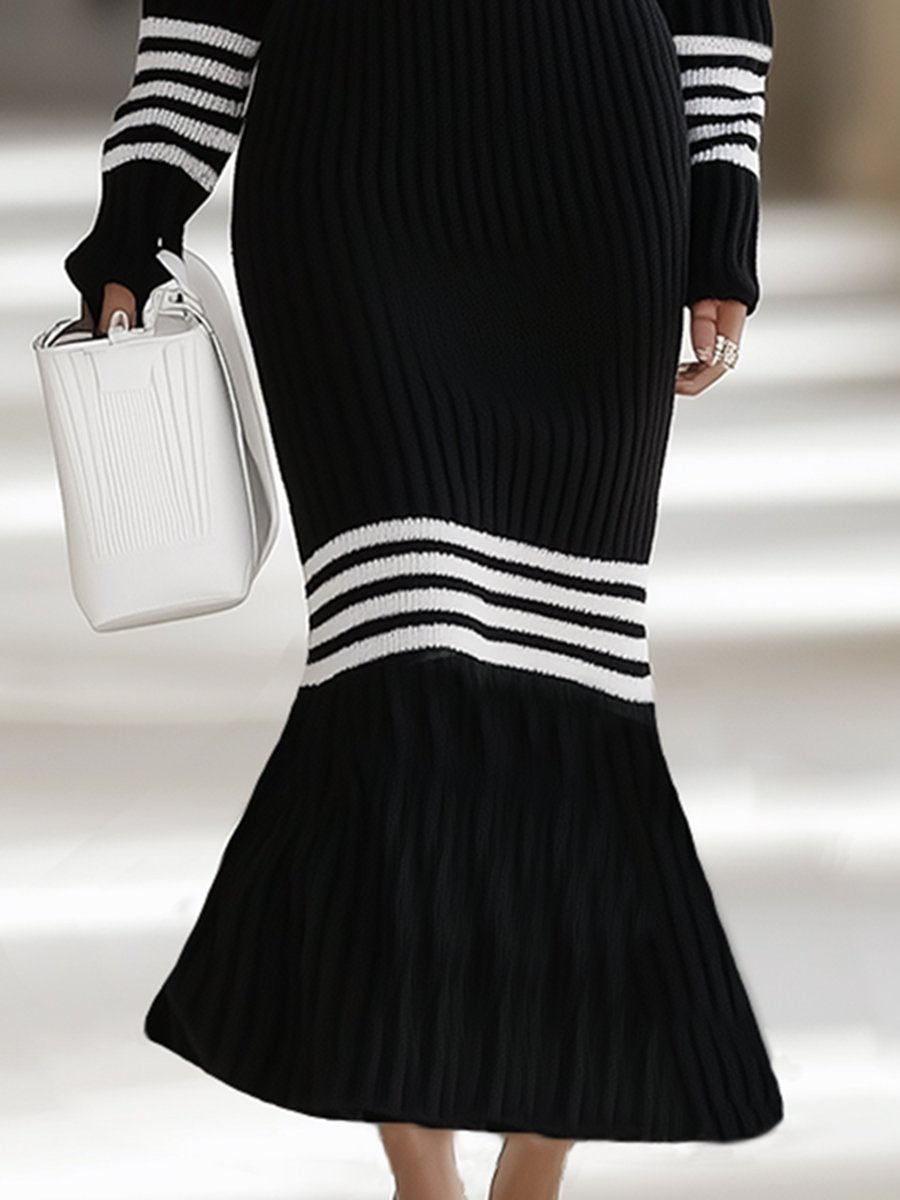 High-End Fashion Lazy One-Shoulder Black And White Striped Maxi Dress