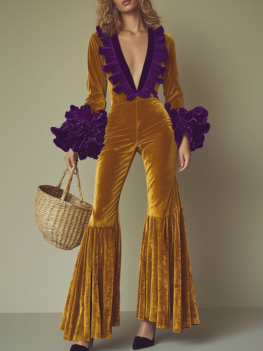 Fashion Party Purple Ruffle Long Sleeve Flared Gold Velvet Jumpsuit