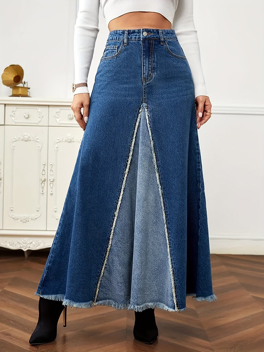 Fashionable Patchwork Flared Long Denim Skirt