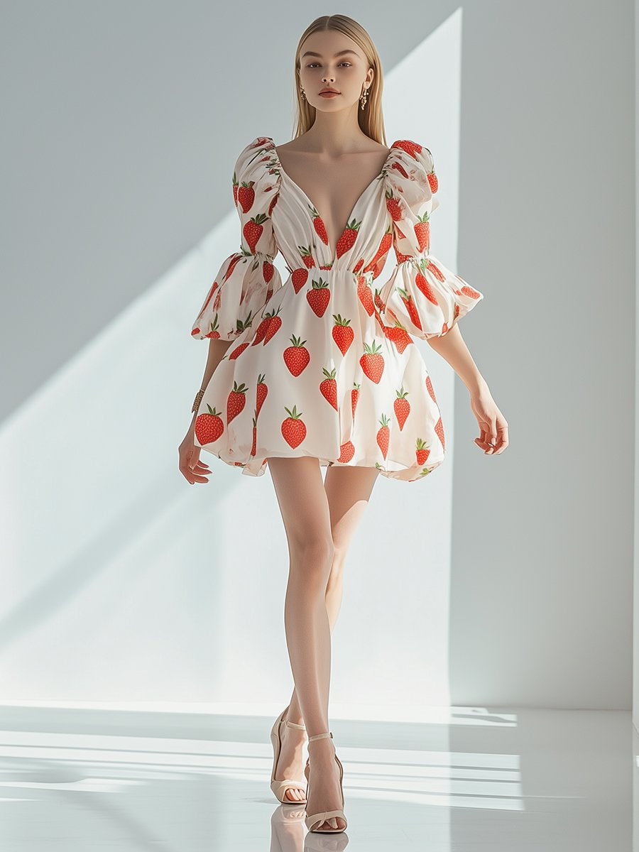 Fashion Strawberry Printed Chiffon Puff Sleeve Mini Dress