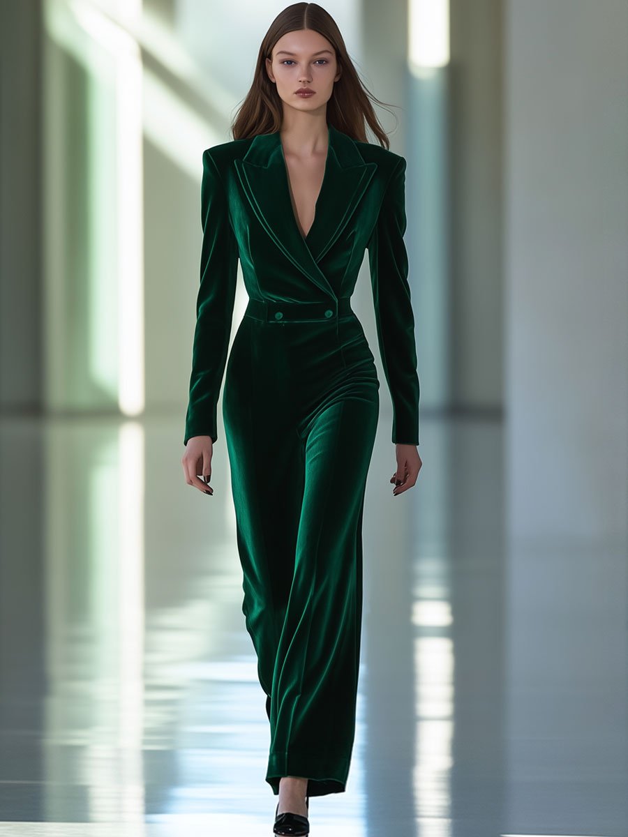 Casual Loose Retro Green Velvet Double-Layer Lapel Long-Sleeved Jumpsuit