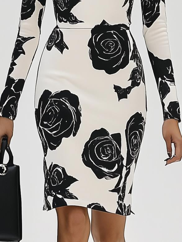 Classic Elegant Rose Print Long Sleeve Midi Dress