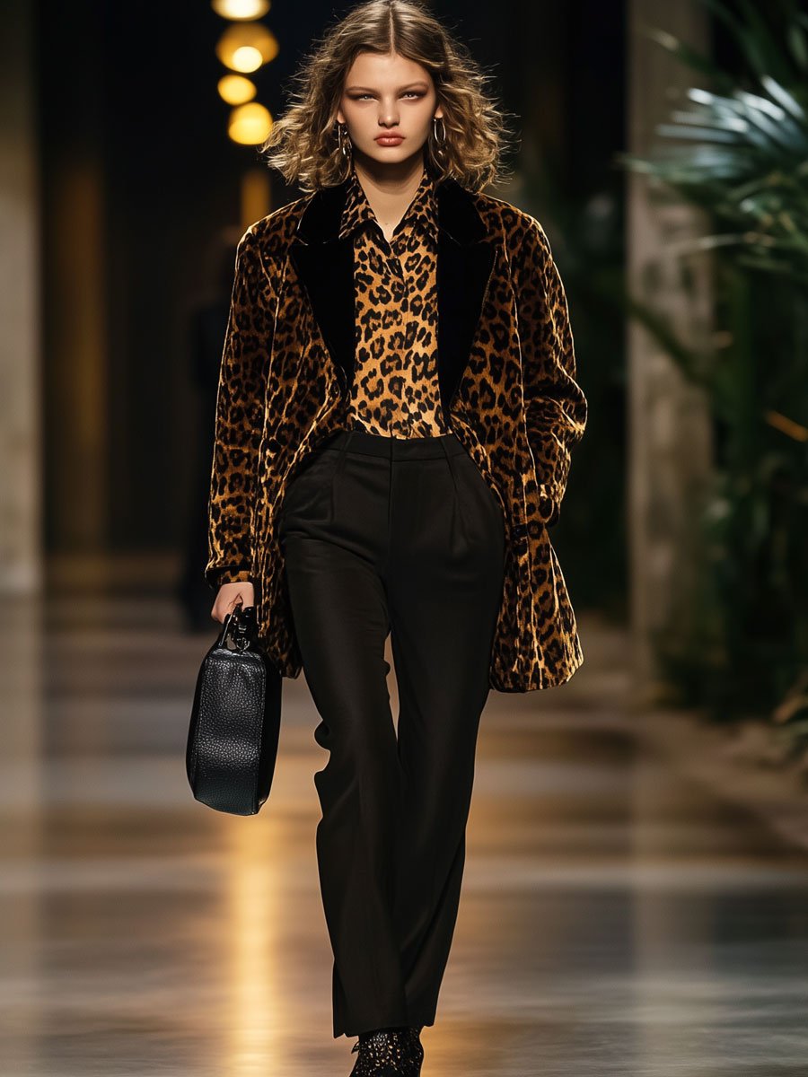 Casual Loose Retro Velvet Leopard Print Contrast Lapel Blazer