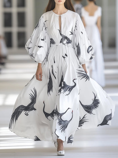 Casual and Fashionable Crane Print Lantern Sleeve White Maxi Dress