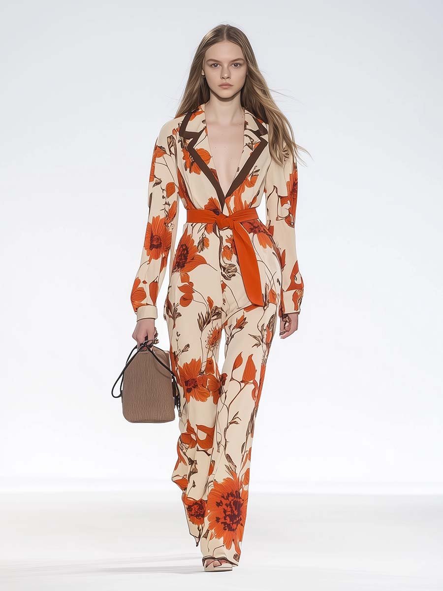 Romantic Personality Lapel Beige Orange Floral Print Jumpsuit