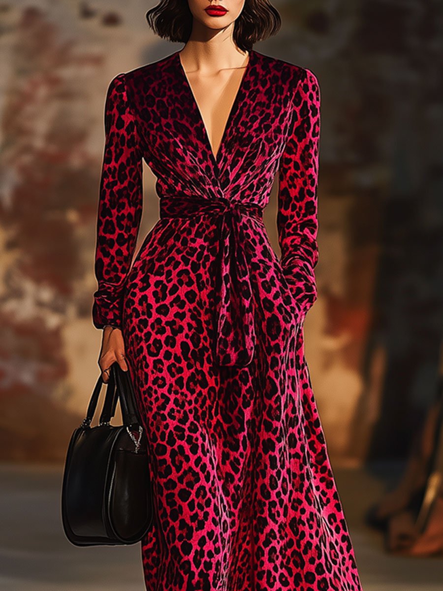 Velvet Leopard Print V-Neck Long Sleeve Fashion Pocket Maxi Dress