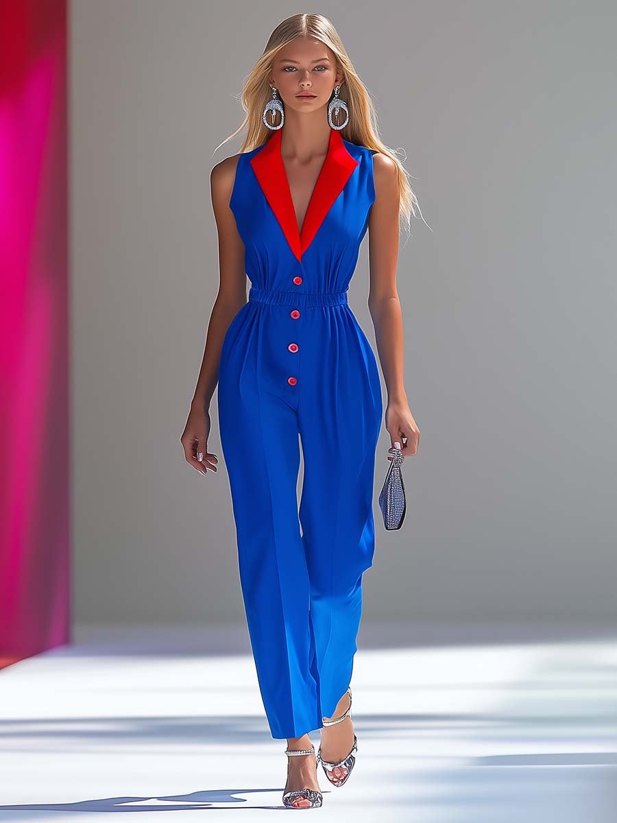 Fashionable and Personalized Sleeveless Contrast Color V-neck Blue Jumpsuit