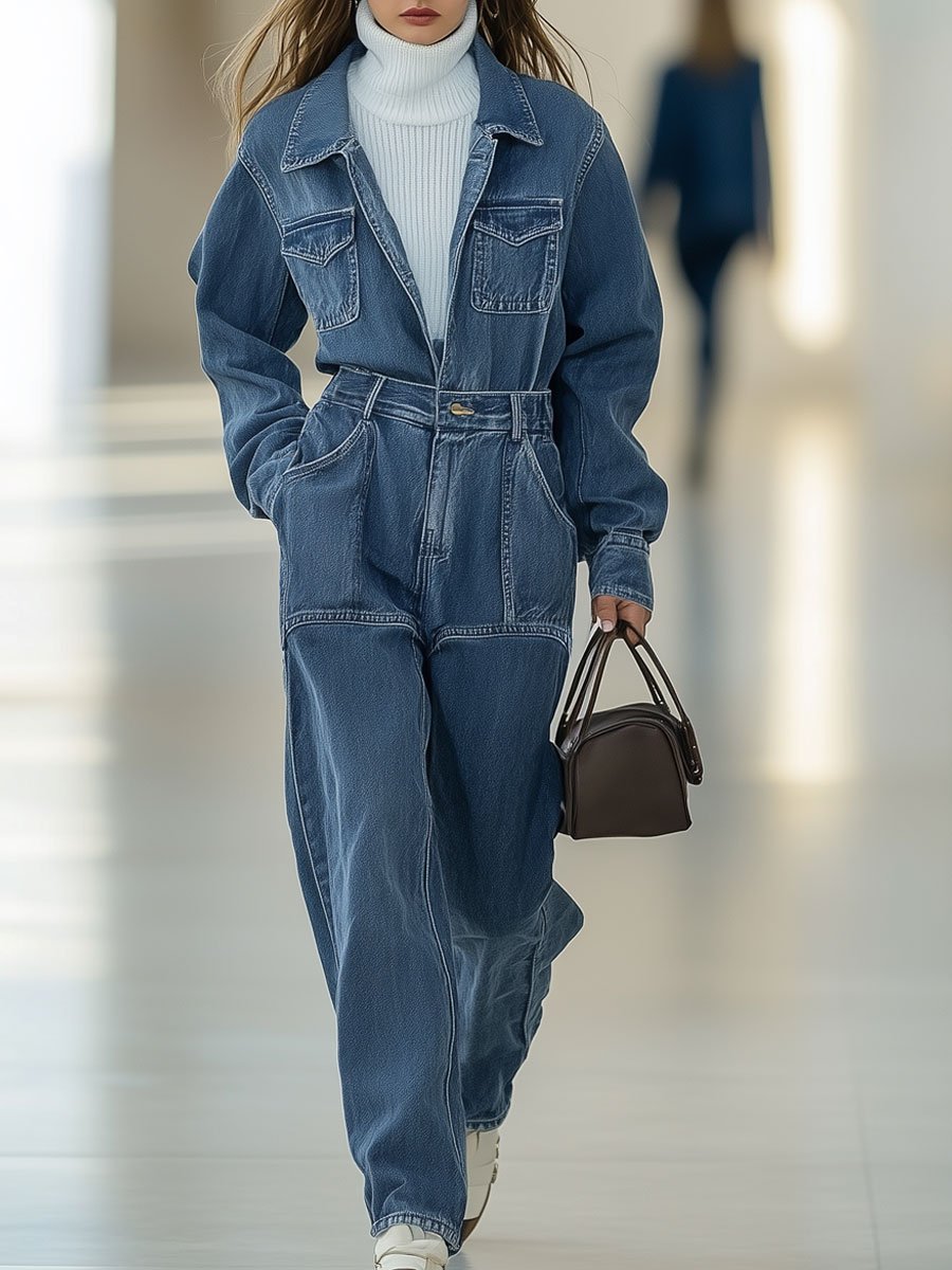 Casual Retro Multi-Pocket Denim Long Sleeve Straight Jumpsuit