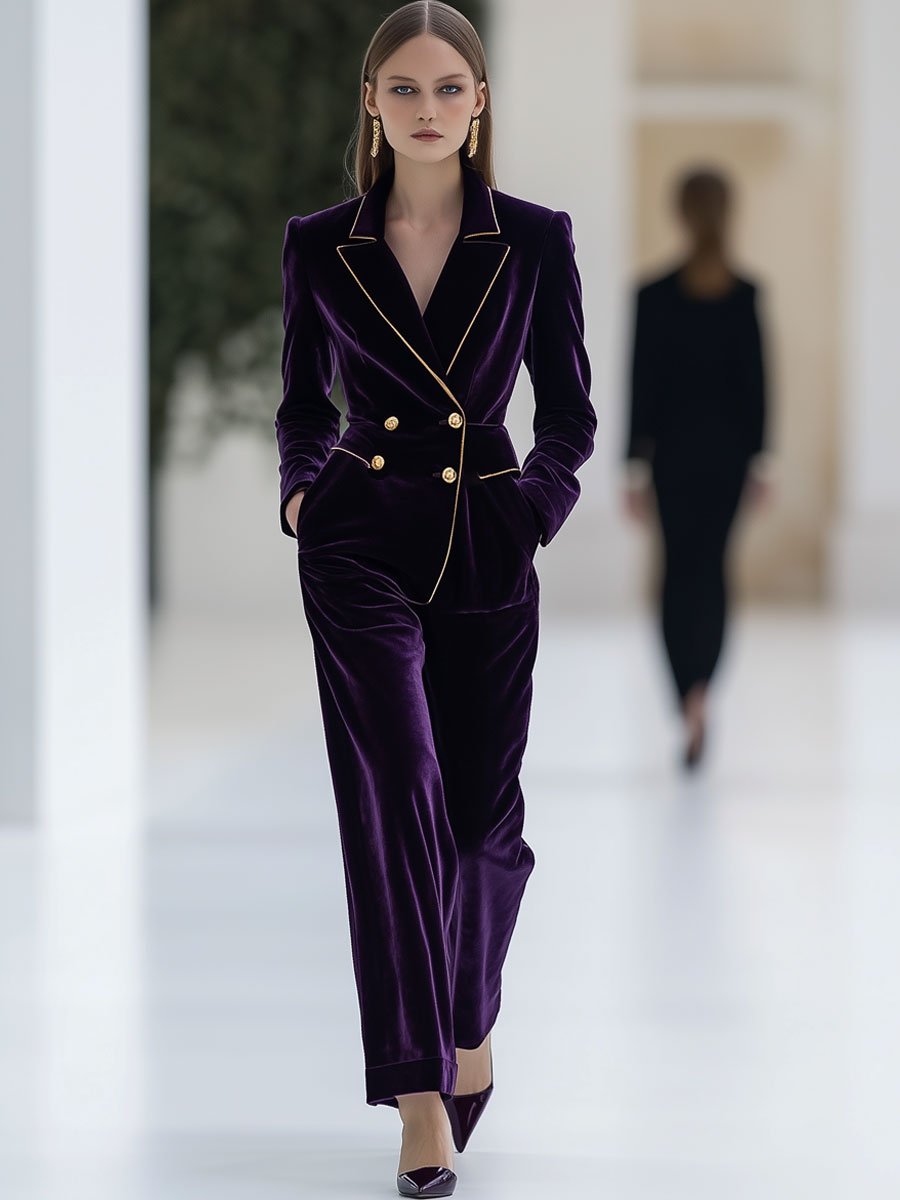 Casual Loose Retro Purple Velvet Gold Trim Suit Jacket Wide Leg Pants Set